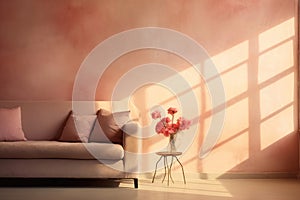 A pink room with a pink sofa and shadows from the window on the wall.