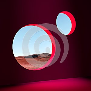 Pink Room With Round Windows With Beautiful View to Desert, Wilderness and Sands. 3d rendering