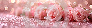 Pink Rose Bouquet and Pearls on Pastel Abstract Background - Wedding Flowers with Bokeh Glitter Backdrop