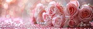 Pink Rose Bouquet and Pearls on Pastel Abstract Background - Wedding Flowers with Bokeh Glitter Backdrop