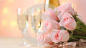 Pink rose bouquet and two flutes glasses of champagne on the table with light bokeh background, romantic dinner concept, Valentine