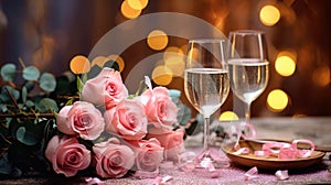 Pink rose bouquet and two flutes glasses of champagne on the table with light bokeh background, romantic dinner concept, Valentine