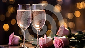 Pink rose bouquet and two flutes glasses of champagne on the table with light bokeh background, romantic dinner concept, Valentine