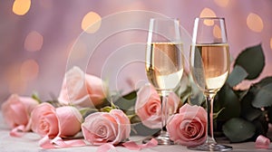 Pink rose bouquet and two flutes glasses of champagne on the table with light bokeh background, romantic dinner concept, Valentine