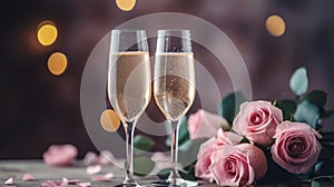 Pink rose bouquet and two flutes glasses of champagne on the table with light bokeh background, romantic dinner concept, Valentine