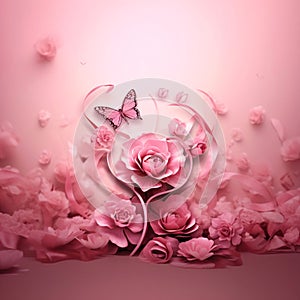 A pink rose and a butterfly on a light background. World Cancer Day