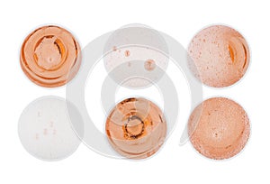 Pink rose champagne glass with bubbles top view