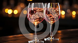 Pink rose champagne glasses toast with bokeh lights, festive rose gold champagne sparkle web banner