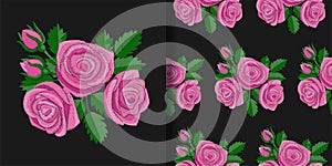 Pink Rose Embroidery print and seamless pattern set
