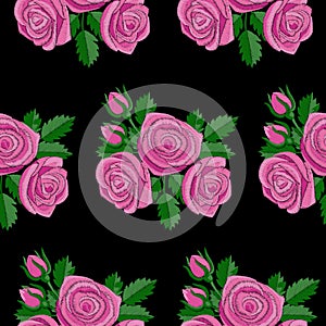 Pink Rose Embroidery Seamless Pattern