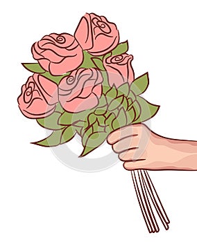 Pink rose flower in female hand holding bouquet on white background. vector drawing illustration