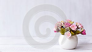 pink rose flower on wood shelf white background.