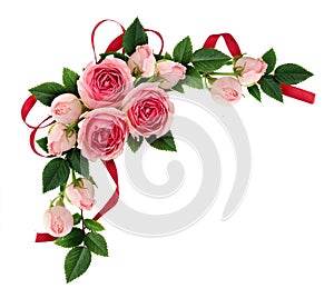 Pink rose flowers and buds arrangement and silk ribbon bow