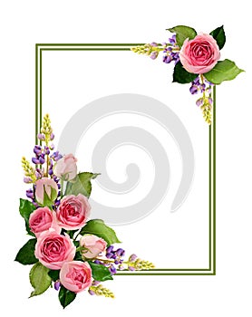 Pink rose flowers and buds corner arrangements and a frame