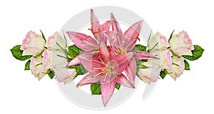 Pink rose flowers and lilies in a floral arrangement isolated