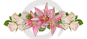 Pink rose flowers and lilies in a floral arrangement isolated