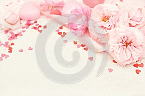 Pink rose flowers and pastel romantic festive background, soft Valentine card