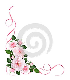 Pink rose flowers and satin ribbons in a floral corner arrangement