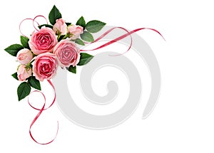 Pink rose flowers and waved satin ribbons in a corner arrangement