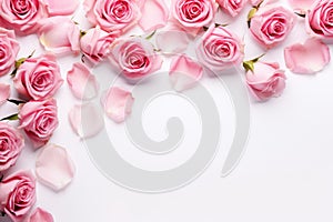 Pink rose flowers on white background, flat lay with space for text, Close up of blooming pink roses flowers and petals isolated