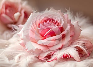 pink rose and fluffy soft white feathers blurred background