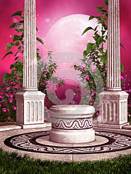 Pink rose garden with columns