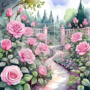 Pink rose garden and pathway