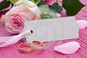 Pink rose with gift tag and petals