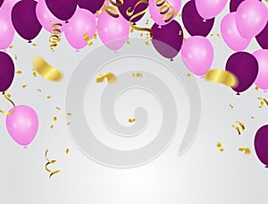 Pink Rose Gold Balloons and purple Balloons Background with Various Colors. Birthday Party, Congratulations & Win Design