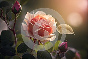 Pink rose with green leave and some part of red rose below on nataral blured background , AI Generated