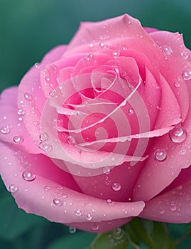 Pink rose with green leaves There are water droplets on the petals