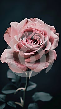 Pink Rose With Leaves on Black Background