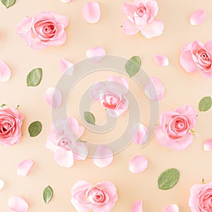 Pink rose, leaves and petals spill on gold background. color story