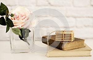 Pink Rose Mock Up. Old Books and Cookies. Styled Stock Photography. Floral Styled Wall Mockup, Valentine Mother Day Holiday