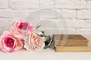 Pink Rose Mock Up. Styled Stock Photography. Floral Frame, Styled Wall Mock Up. Rose Flower Mockup, Old Books, Valentine Mothers D