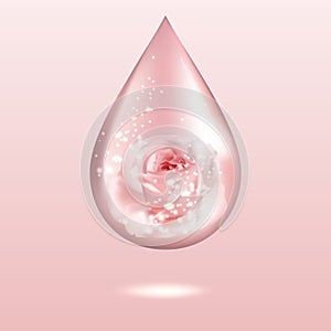 Pink rose oil drop with lights, glares and shadows. Shiny perfume water dew. Aromatherapy sign.