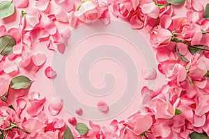 Pink Rose Petals and Roses on Pastel Background. Greeting card