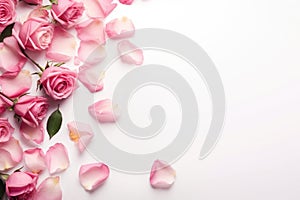 Pink rose petals on white background with copy space for text, Close up of blooming pink roses flowers and petals isolated on