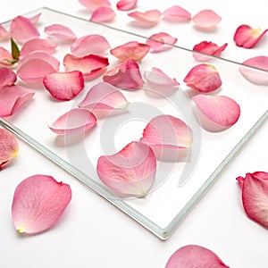 Pink Rose Petals on White Plexiglass Background