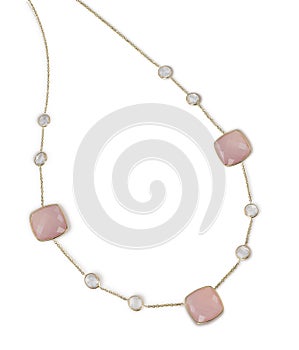 Pink rose quarts and diamond cushion cut necklace