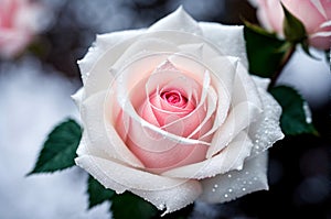 A pink rose with water droplets on it.