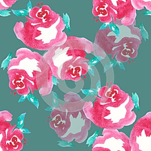 Pink rose , watercolor, pattern seamless, handmade