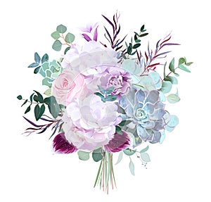 Pink rose, white hydrangea, purple carnation, dark orchid, succu