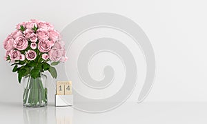 Pink rose in white room for mockup, 3D rendering