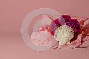 pink rose with white shell, creative romantic summer concept on the pink background