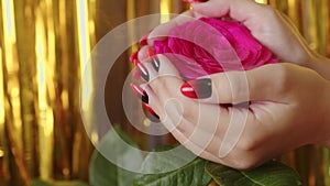 Pink rose in woman's hands with manicure on blurry gold background with dissipating steam. Unknown caucasian human