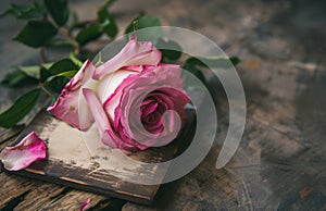 pink rose on a wooden sign with mother's day inscription