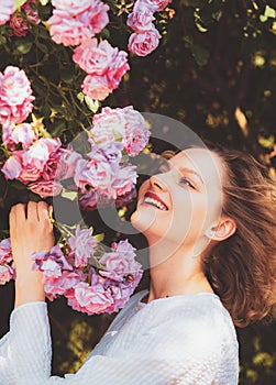 Pink rosebush blooming. Happy woman walking at rose garden. Relaxing and happiness concept. Young smiling girl enjoys