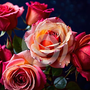 Pink roses against dark background, floral bouqeut for romance and love