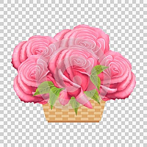 Basket with roses. Beautiful realistic pink flowers with green leaves. Summer composition with bouquet